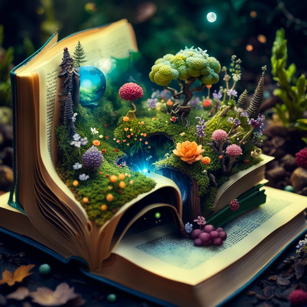 Magical Garden Wonderland Emerging from Open Book