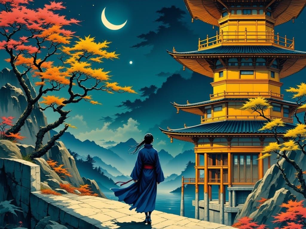 A ninja outside a pagoda.