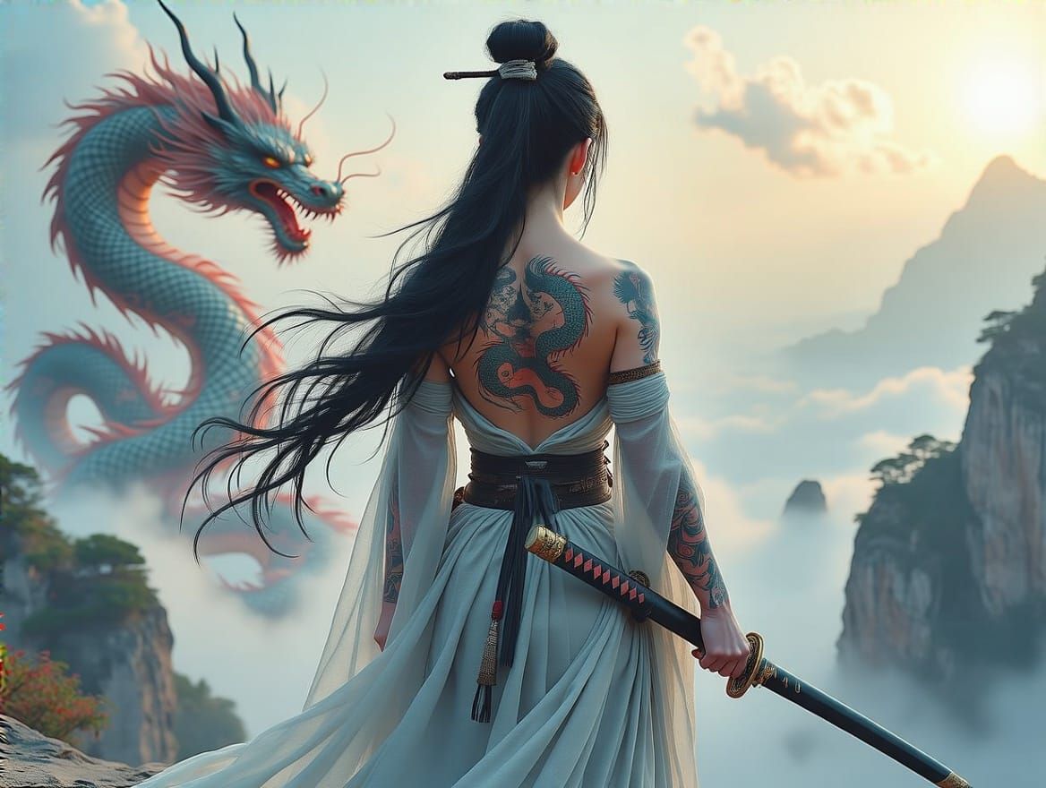 Ethereal Samurai Goddess in Iridescent Gown