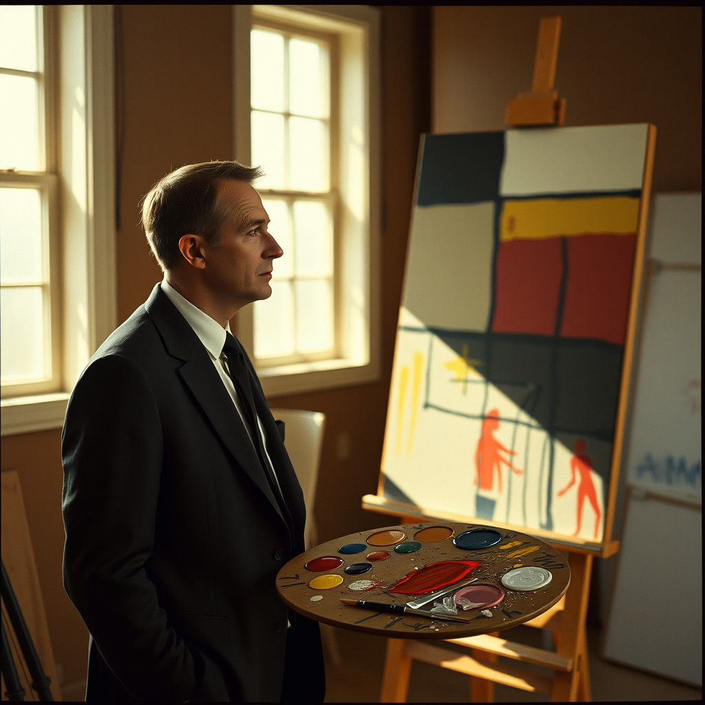 Mondrian in Studio Contemplating Canvas, Cinematic Film Stil...