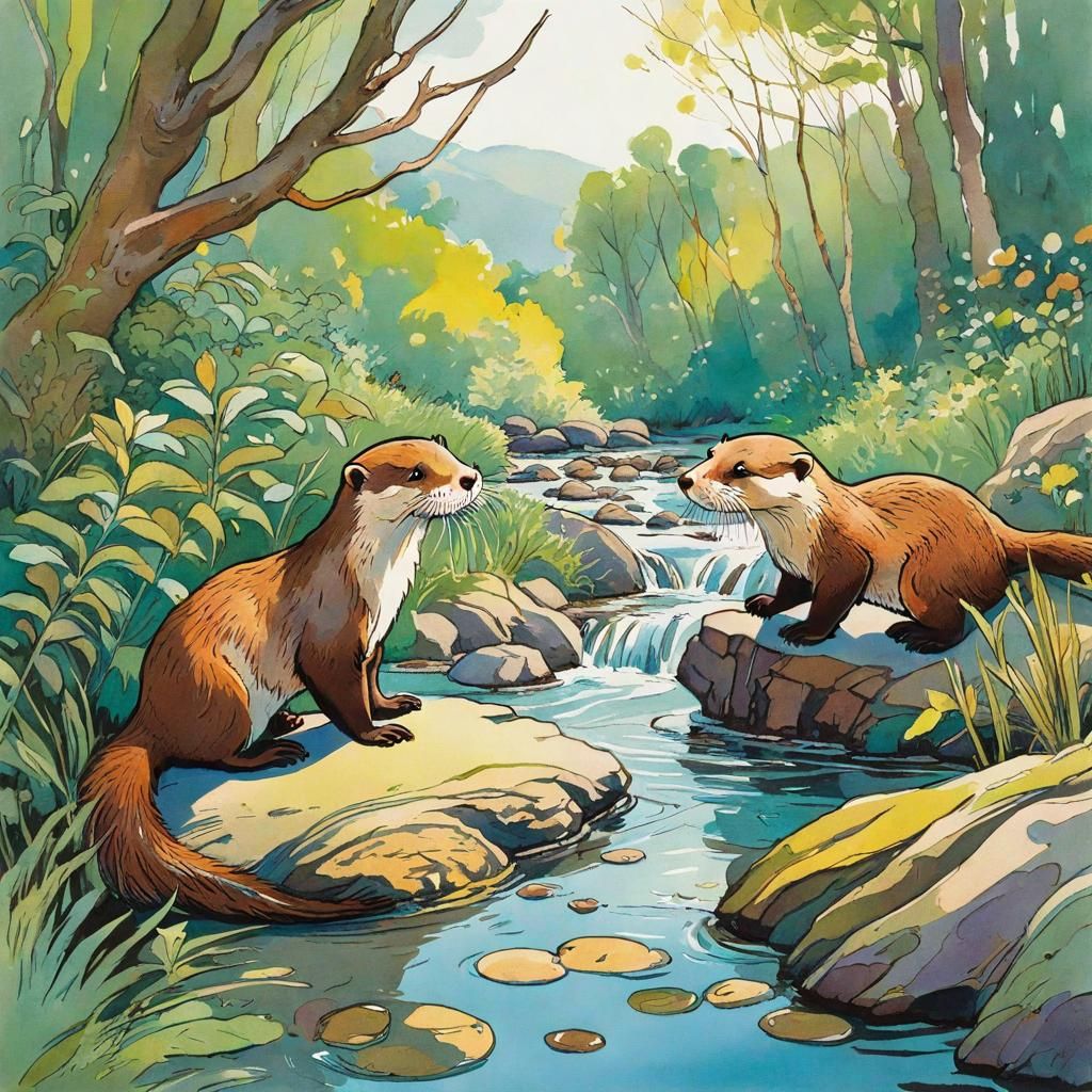 Otters Playing: A Storybook Illustration