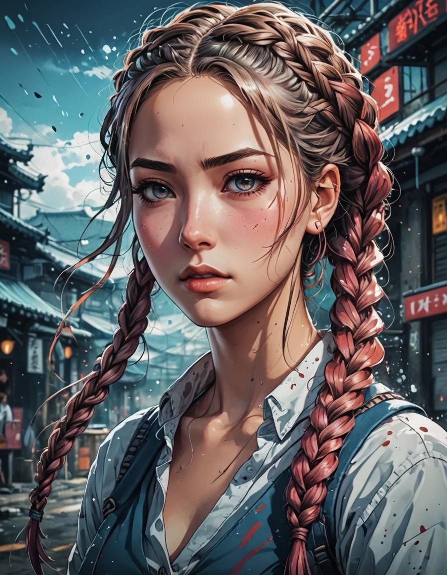 Intense Anime Woman with Braided Hair Illustration