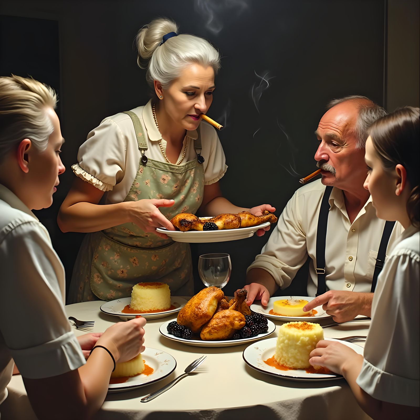 Spooky 1930s Family Dinner in Oil Painting Style