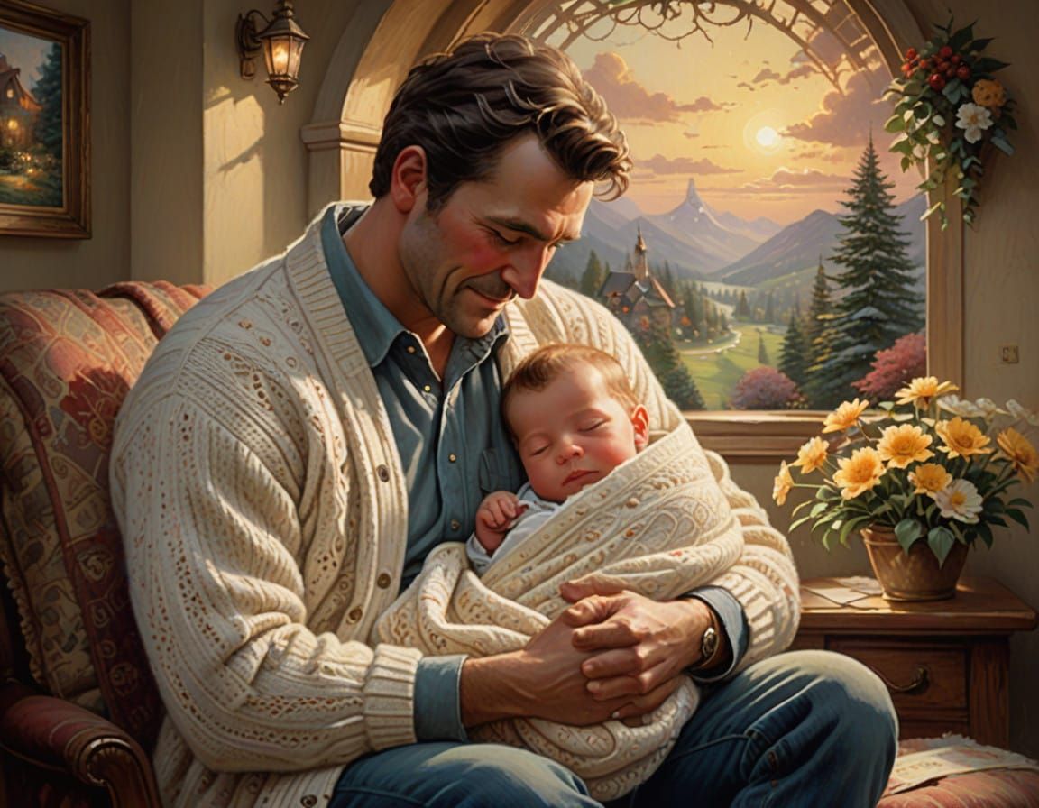 Young Father Cuddles Newborn Baby in Warm, Cozy Embrace