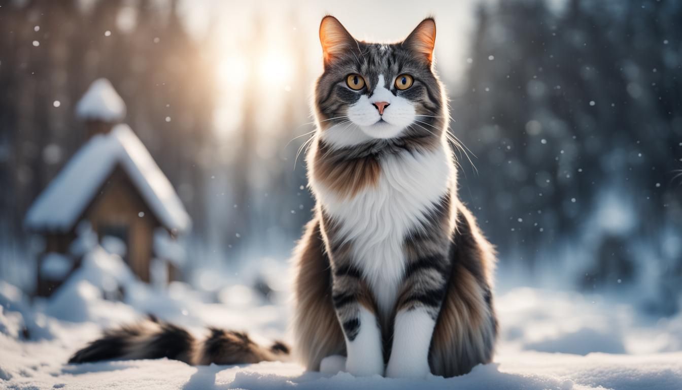 Calico Cat and Snowman in Winter Park