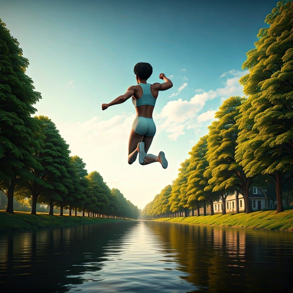 Athletic Woman's River Jump in 1960s Style