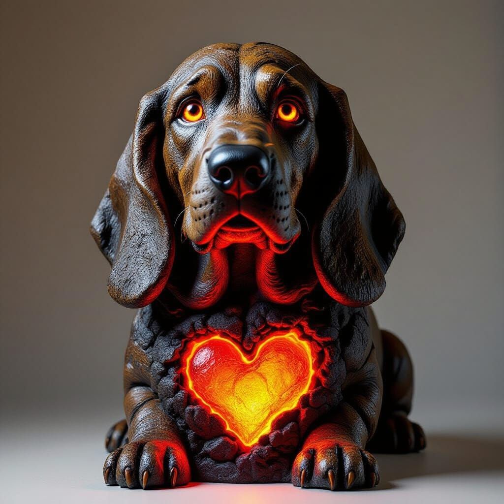 Basset Hound Sculpture of Molten Lava with Glowing Heart