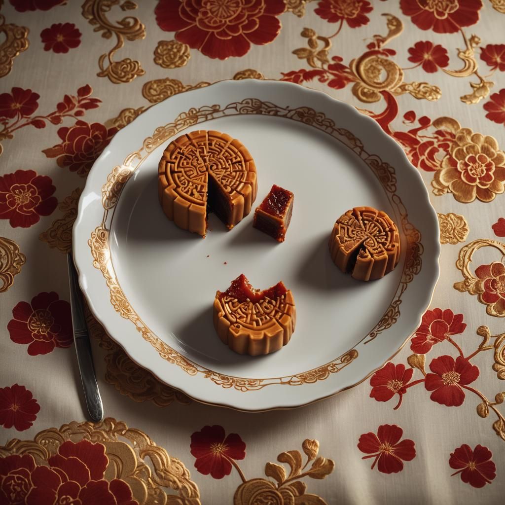 Mooncake on Plate with Silk Tablecloth in Cinematic Style