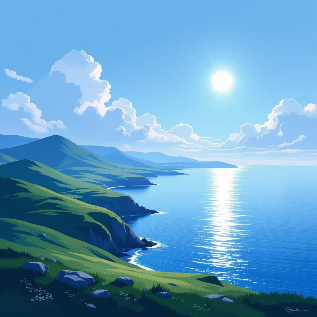 Serene Blue and White Hills Meet Deep Blue Sea