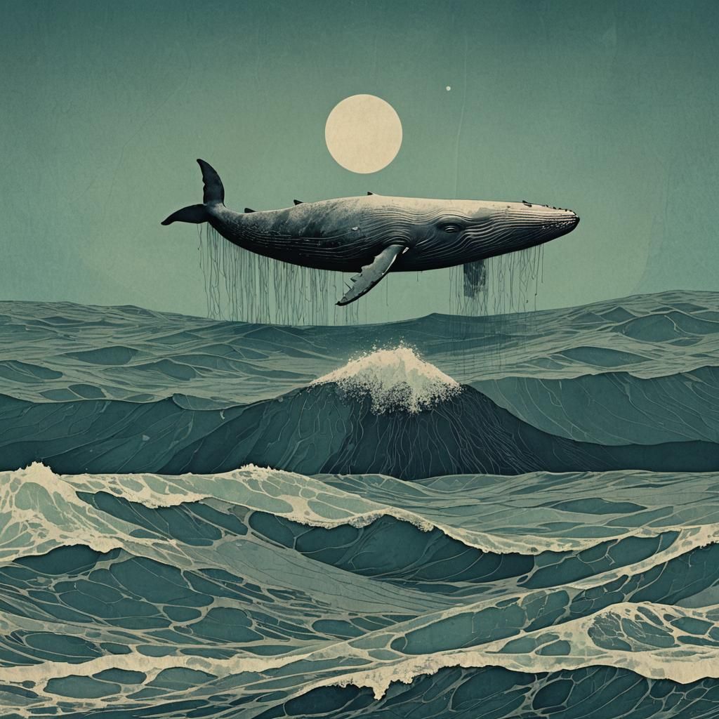 Whale in Ocean: Mixed Media Collage Illustration