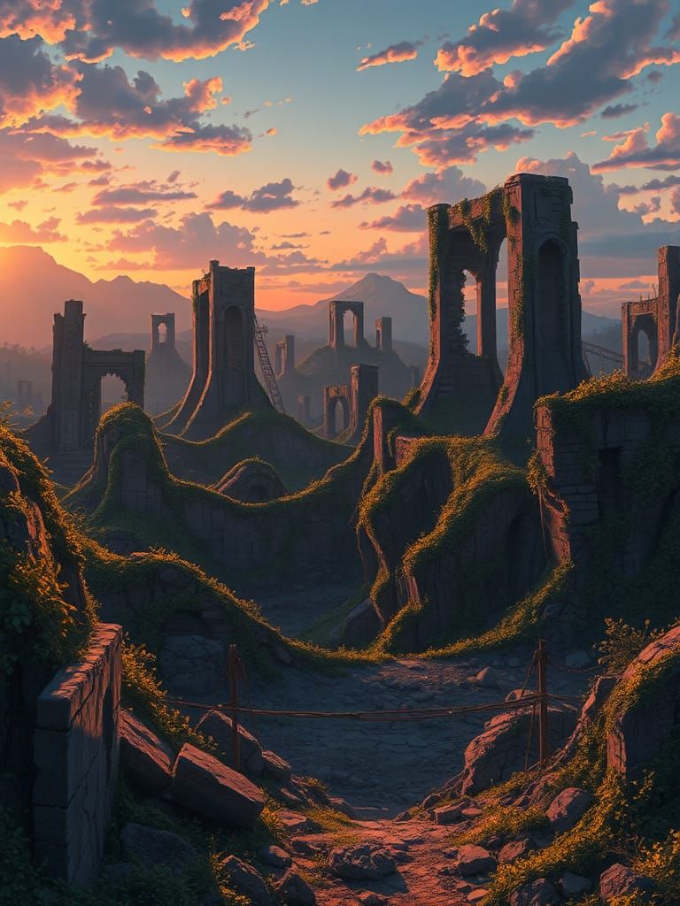 Anime Ruins at Dusk: Vibrant Lost Civilization