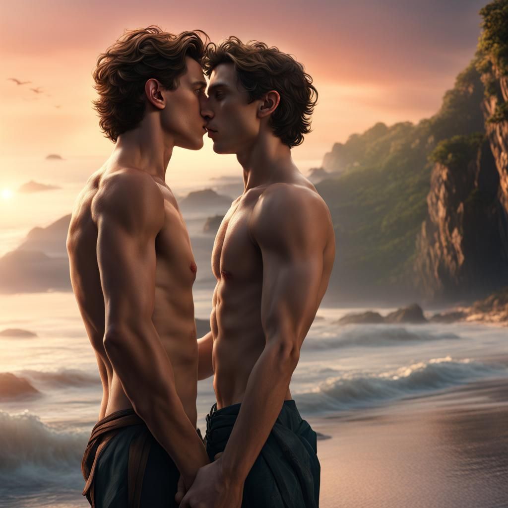 Men Kissing on Beach: Detailed Digital Matte Painting