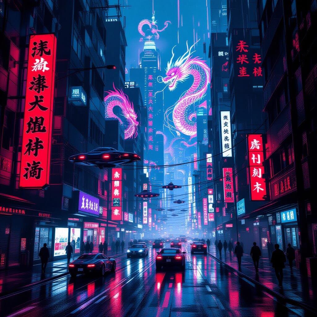 Cyberpunk Cityscape with Neon Dragons in 8k