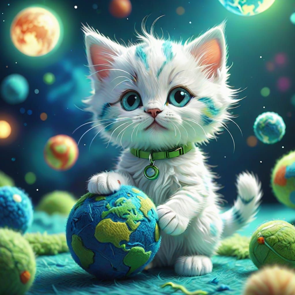Kitten Plays with Earth Toy: Digital Illustration