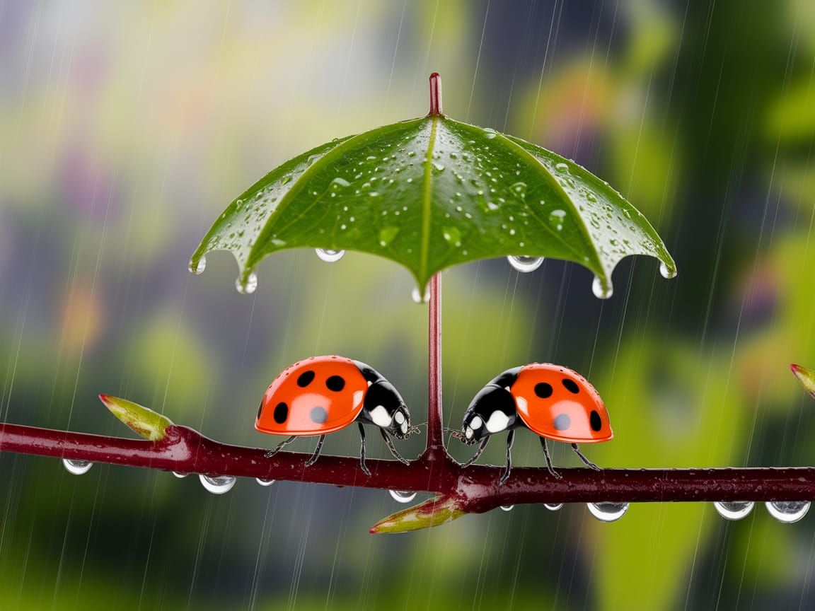Ladybugs Find Shelter Under a Colorful Umbrella