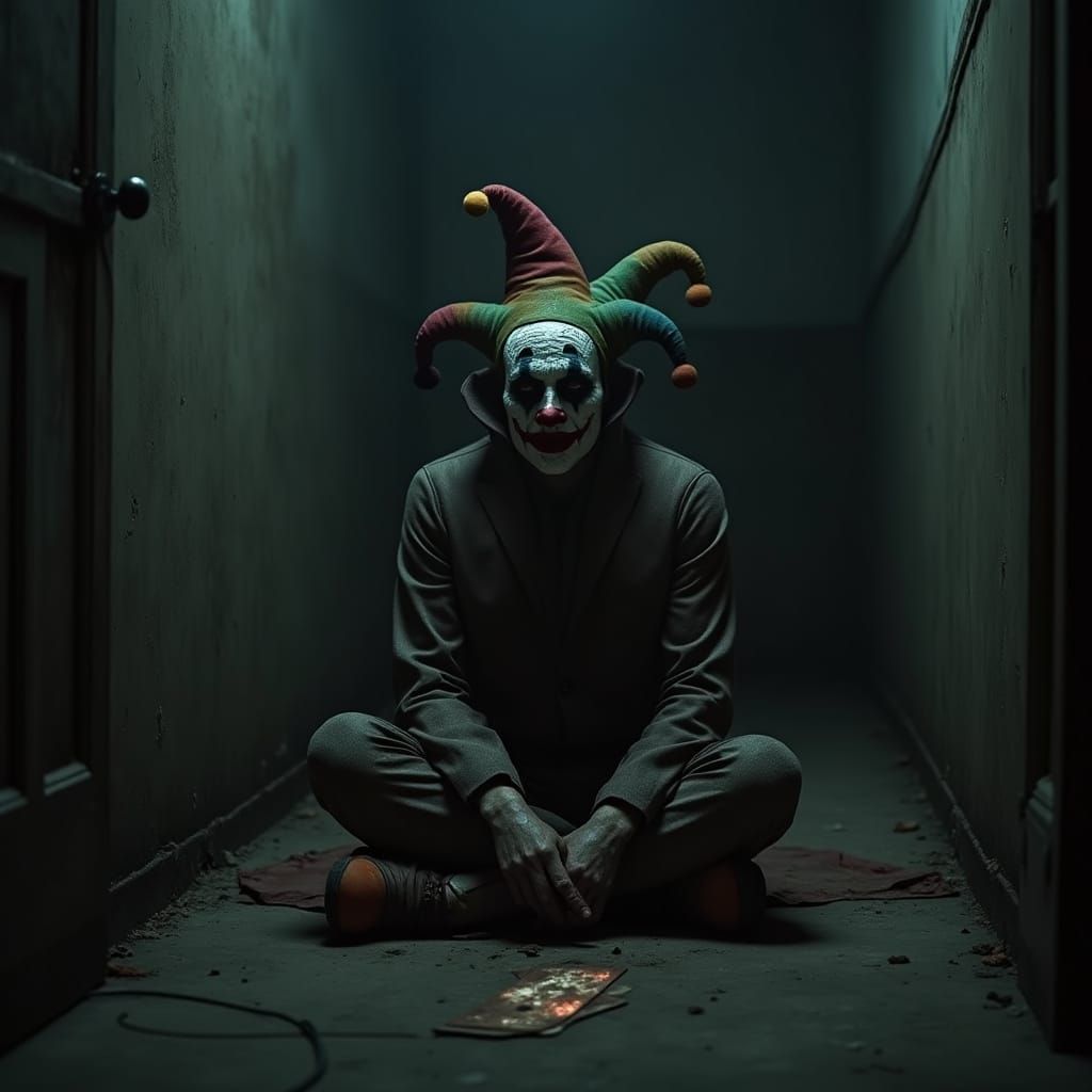Melancholy Jester in Dimly Lit Room