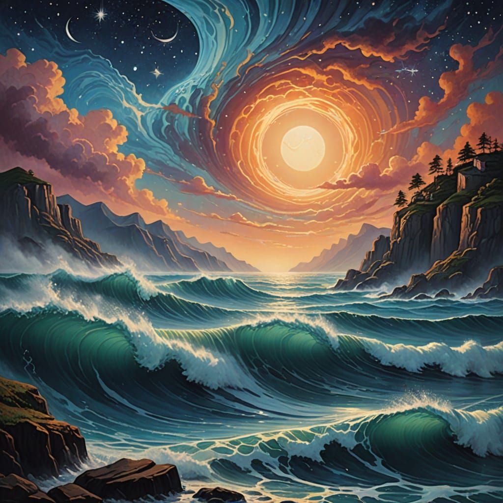 Celestial Double Exposure of Leaping Fish in Cosmic Glow