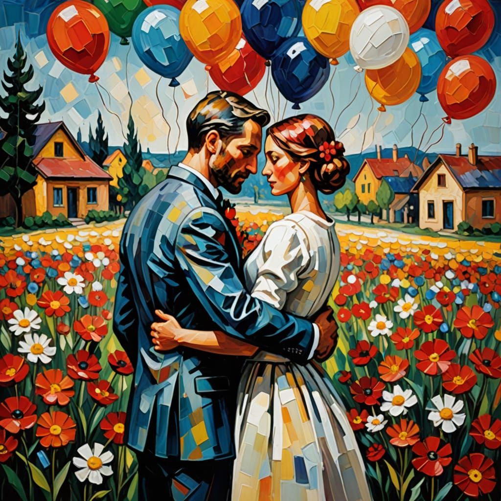 Joyful Newlywed Celebration in Vibrant Impasto