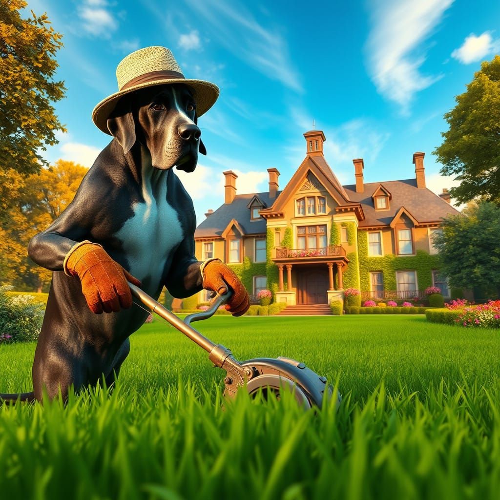 Majestic Great Dane Tends to Enchanted Lawn in Whimsical, Hi...