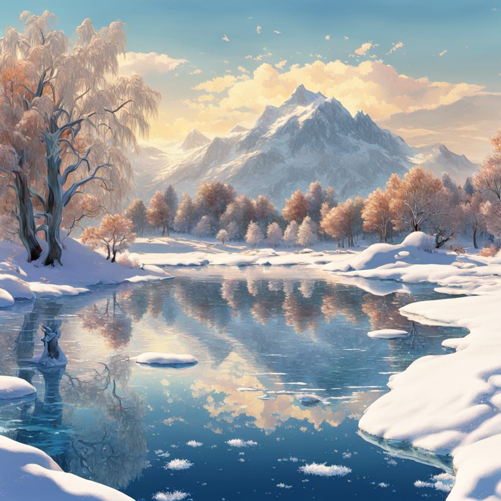 Sunny Frozen Lake Fantasy Painting