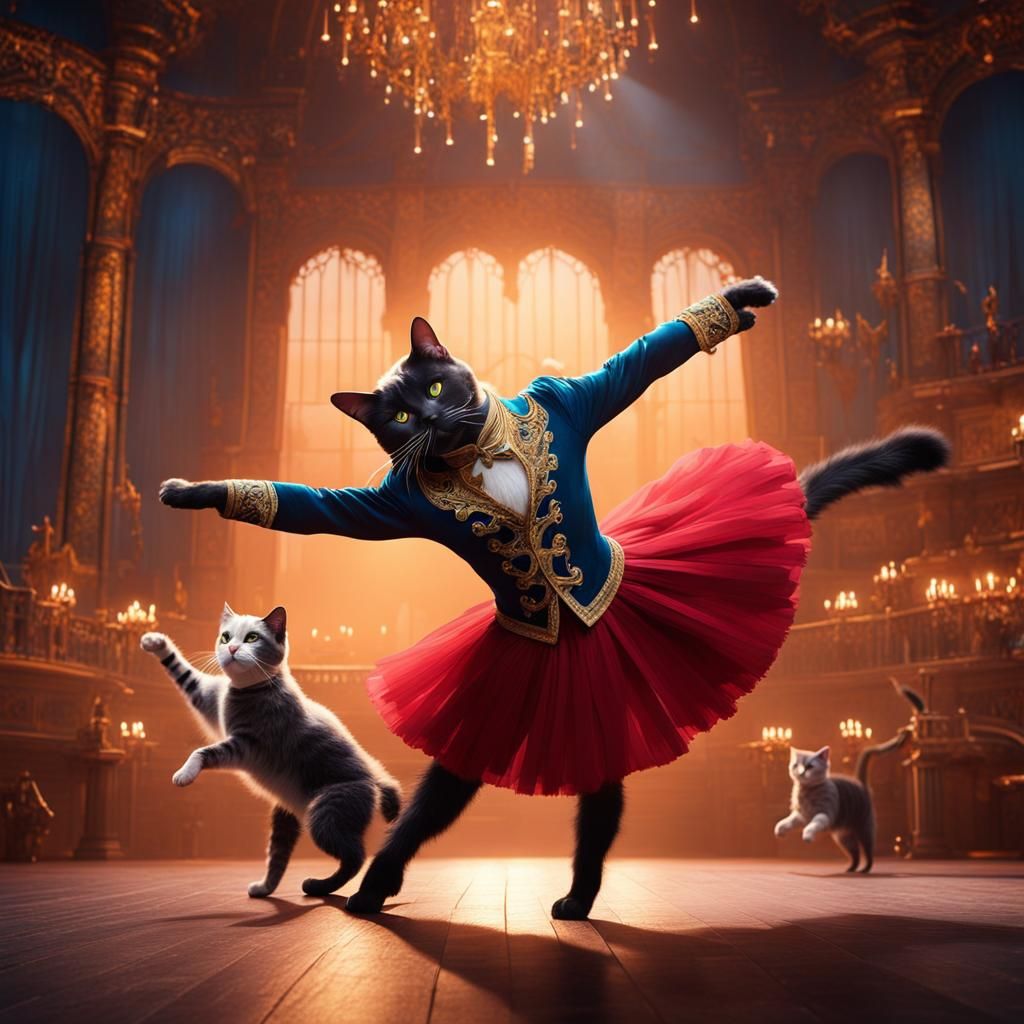 Fantastical Cats Perform Ballet: Detailed Digital Painting