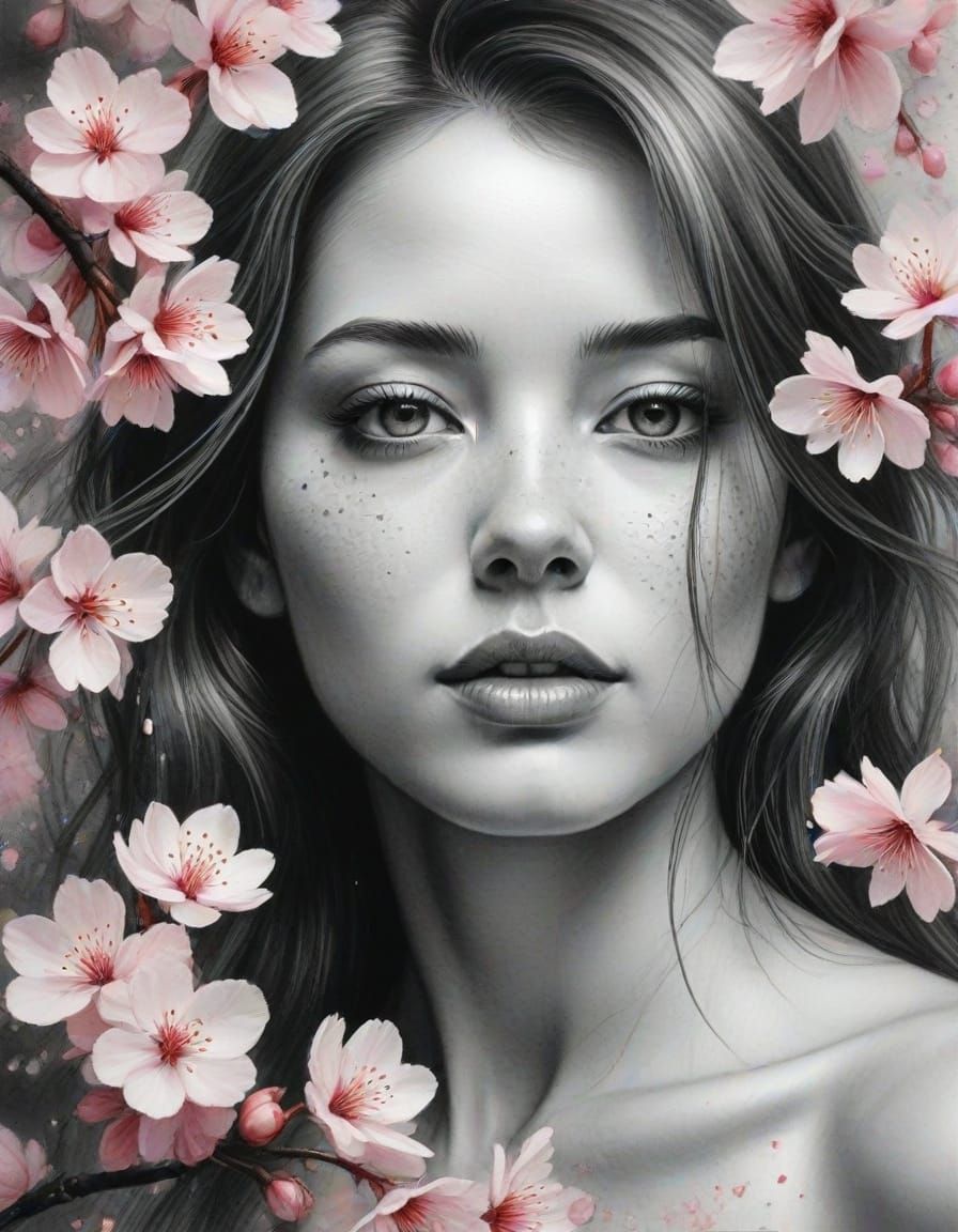 Expressive Charcoal Portrait with Cherry Blossoms