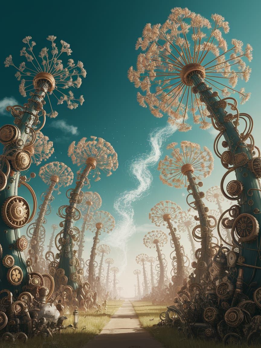 Fantastical Steampunk Landscape with Golden Mechanical Plant...