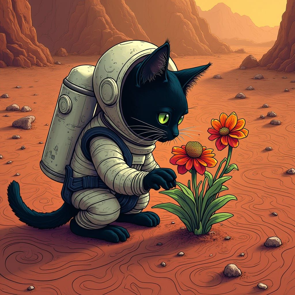 Mars Botanicals: A Futuristic Feline Tends to Alien Blooms