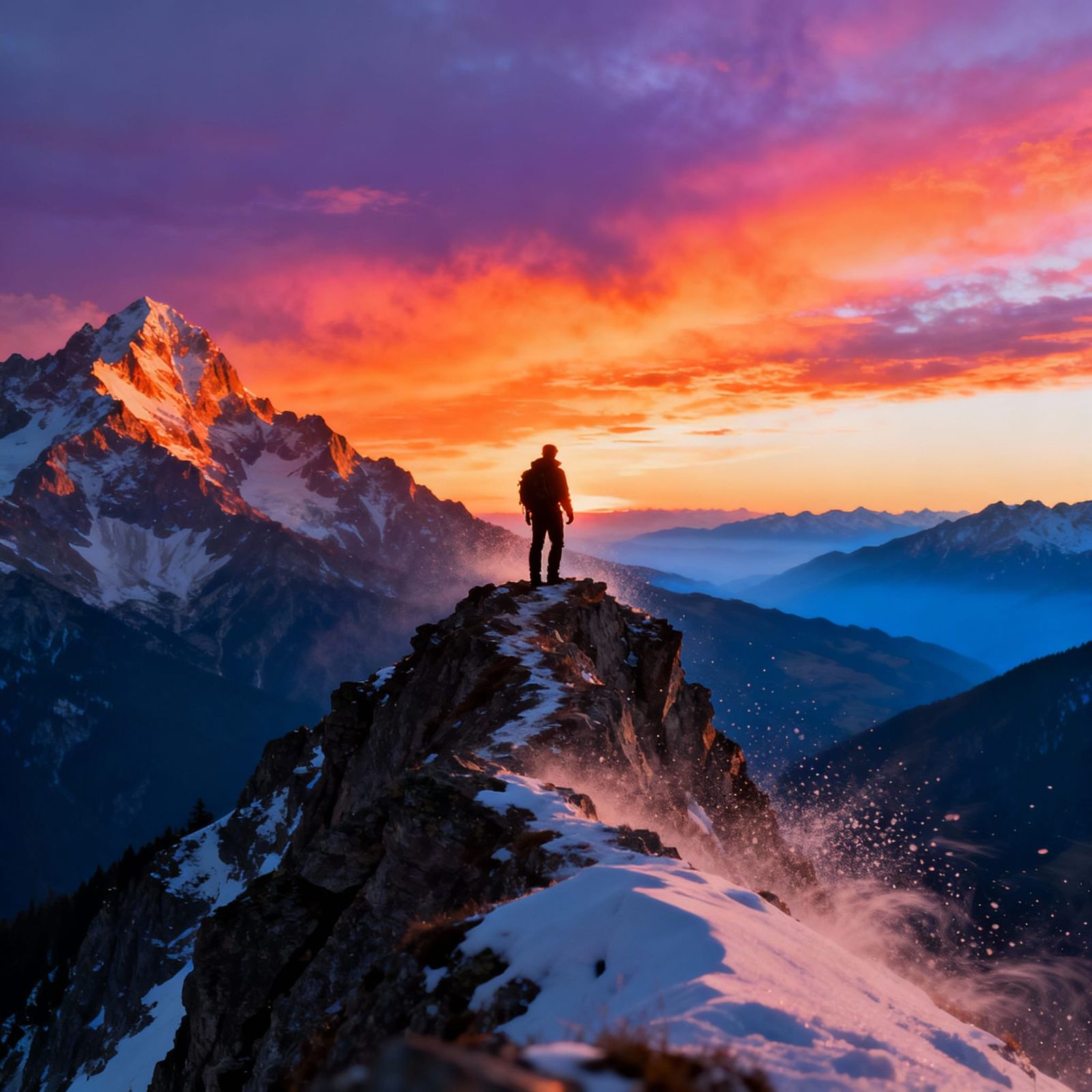 Hiker on Alpine Ridge at Fiery Sunset