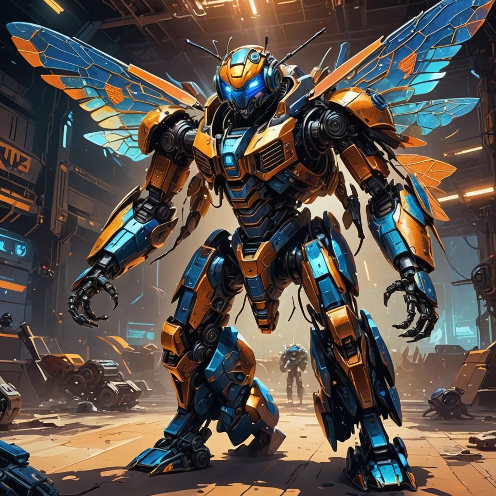 Futuristic Robot Bee in Neon Arena
