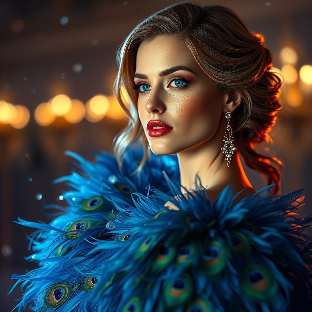 Elegant Lady with Peacock Feather Gown in Vibrant Splendor
