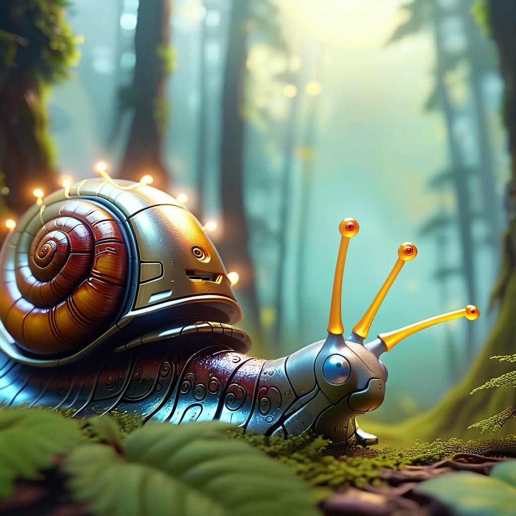 Curious Robot Snail Exploring Misty Forest in Digital Art
