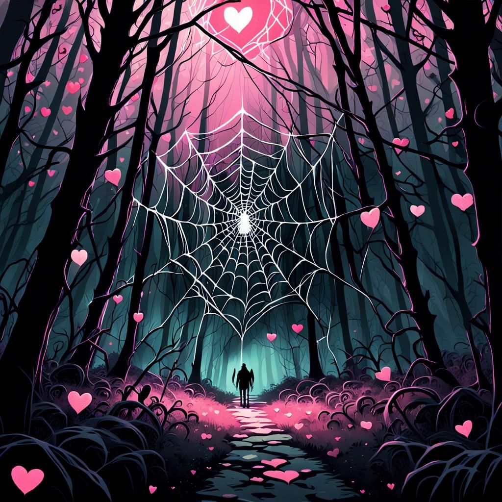 Eerie Spiderweb with Hearts in Dark Fantasy Style