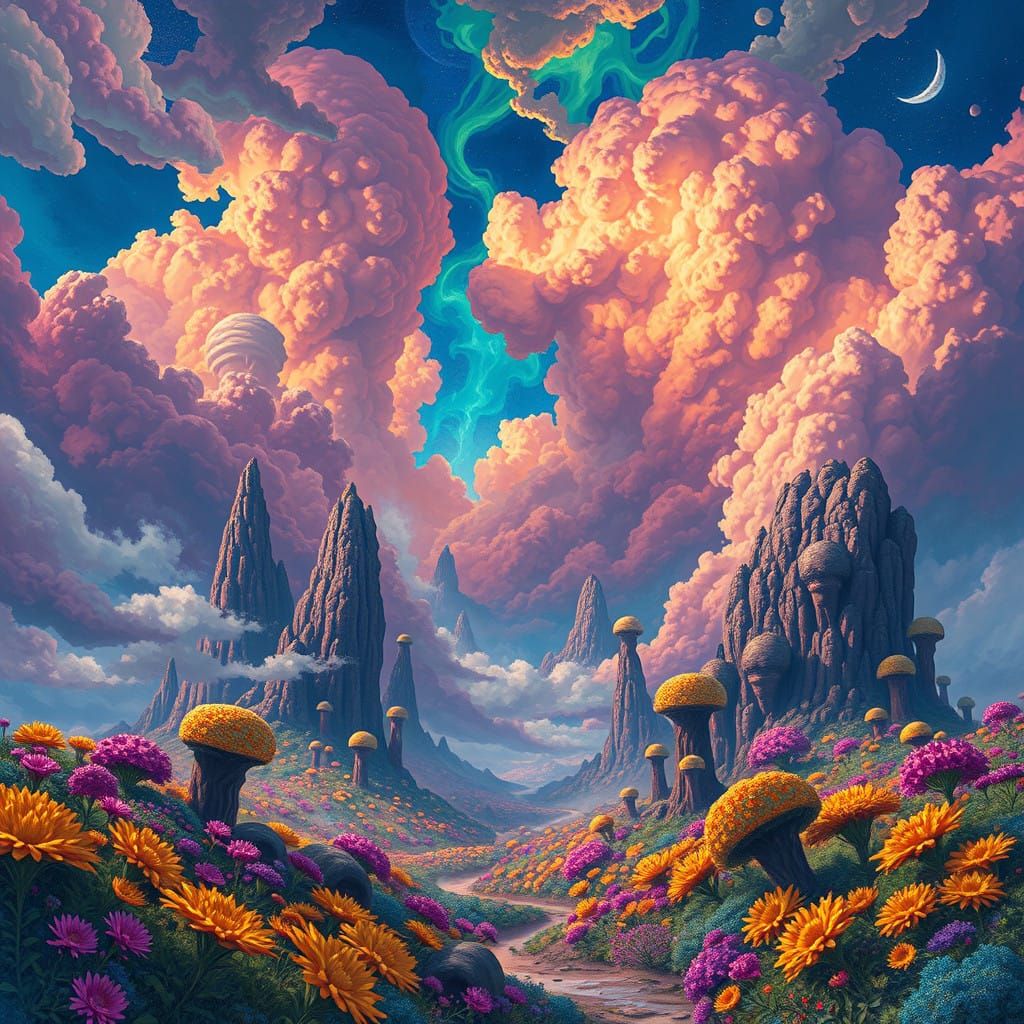 Surreal Otherworldly Realm with Vibrant Flora and Turbulent...