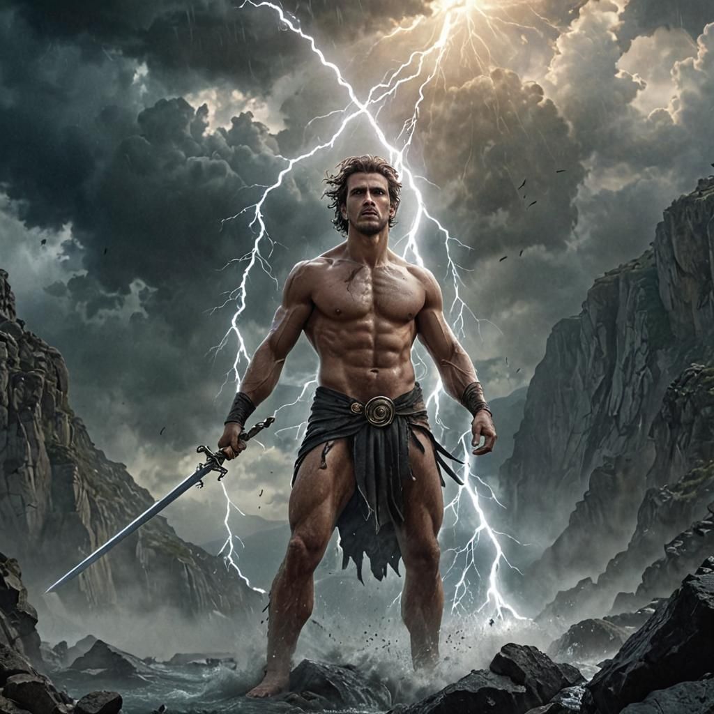 Epic Greek Warrior Strikes Lightning in Digital Art