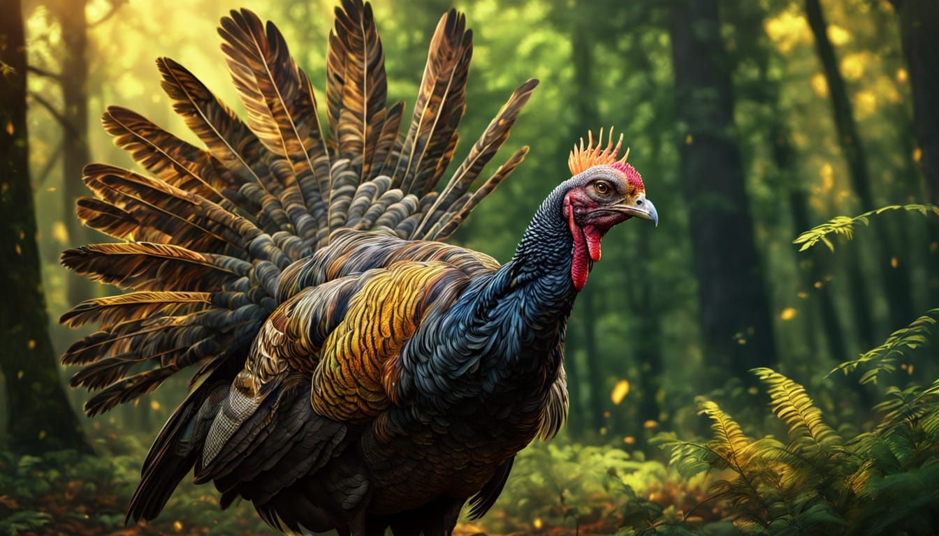 Hyperrealistic Wild Turkey in Forest: Splash Art Style