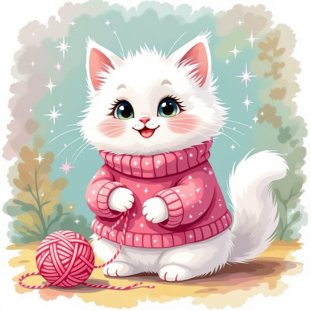 Fluffy Cat in Sparkly Sweater Plays with Yarn