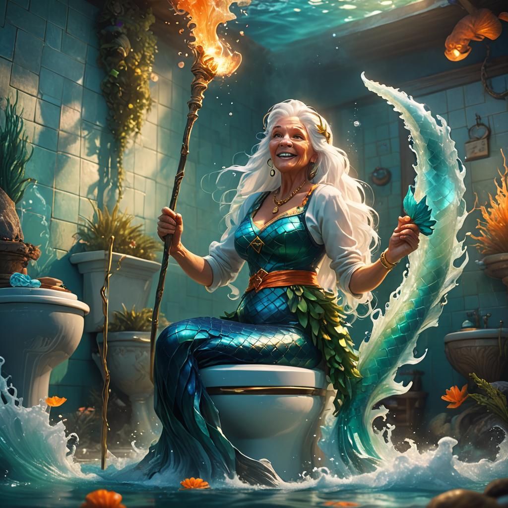 Magical Mermaid's Toilet Trouble: Fantasy Art