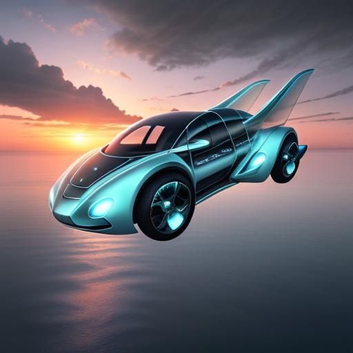 Futuristic Flying Water Car in Cloudy Sunset Sky