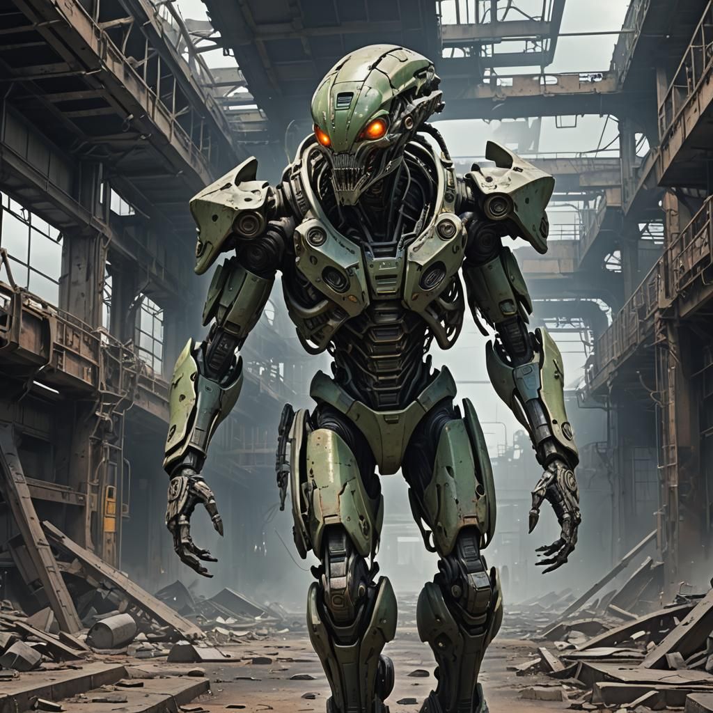 Anime Alien Cyborg in Ruined Sci-Fi Landscape