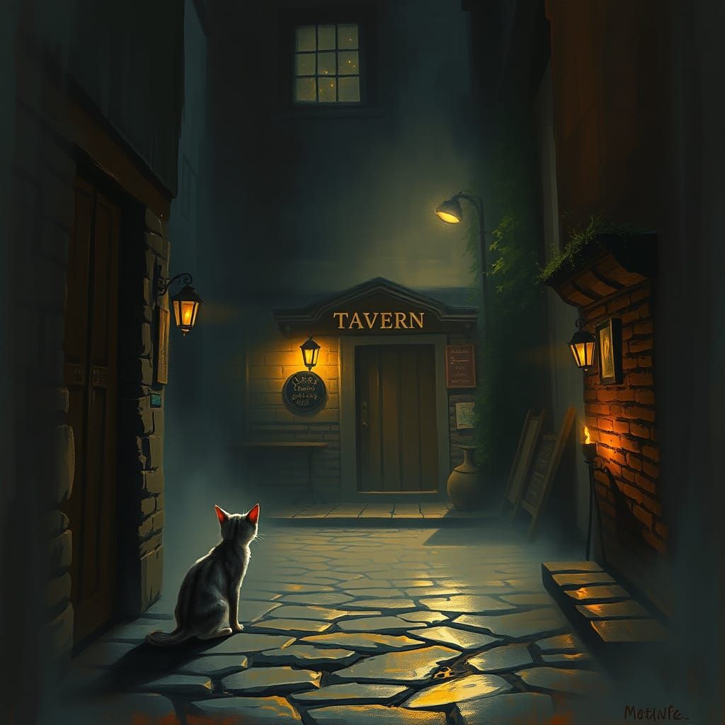Kitten in Foggy Alley Outside Rustic Tavern