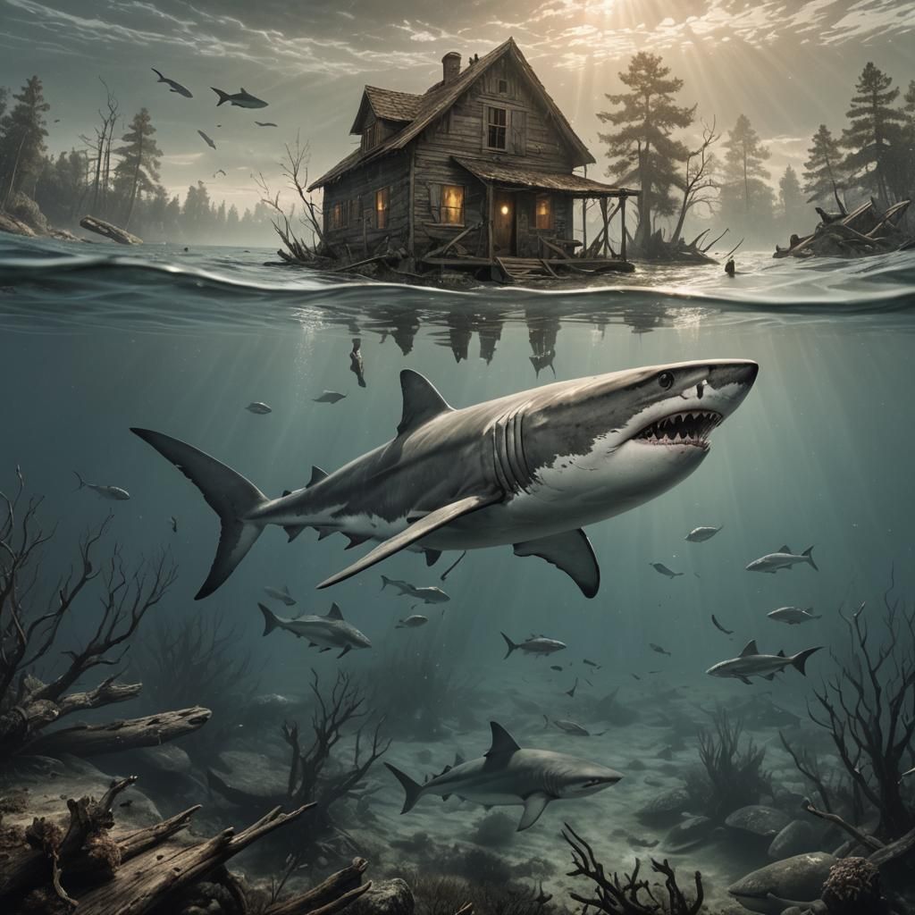 Split Shot of a Shark in a Lake, Horror Art