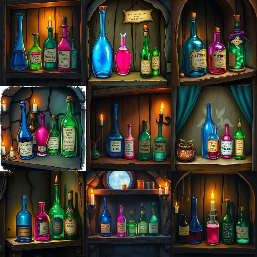 Witch's Potion Bottles in a Mystical Lair