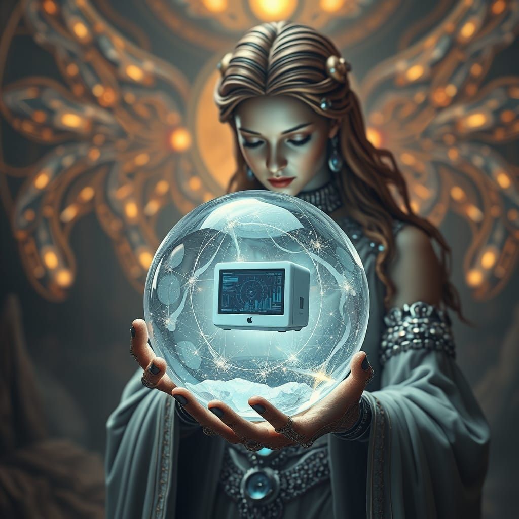 Epic Digital Painting of AI Muse Holding Crystal Sphere with...