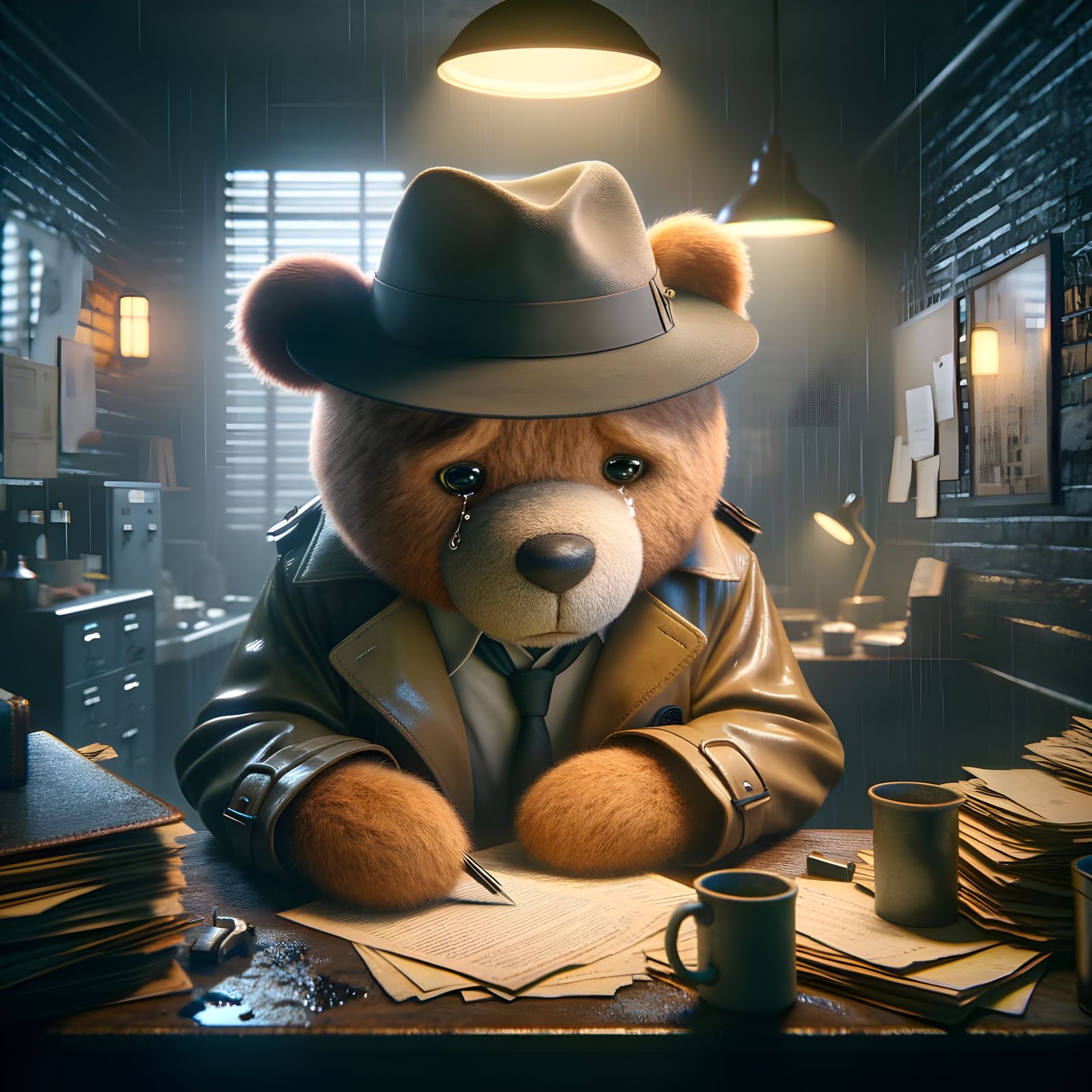 Realistic Teddy Bear Detective in Police Station