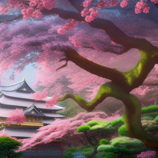 Ghibli-Inspired Japanese Temple with Sakura Trees