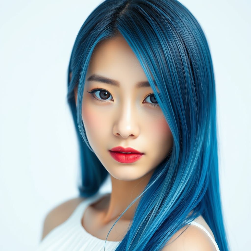 Japanese Beauty Model in Stunning Blue Hair and White Dress