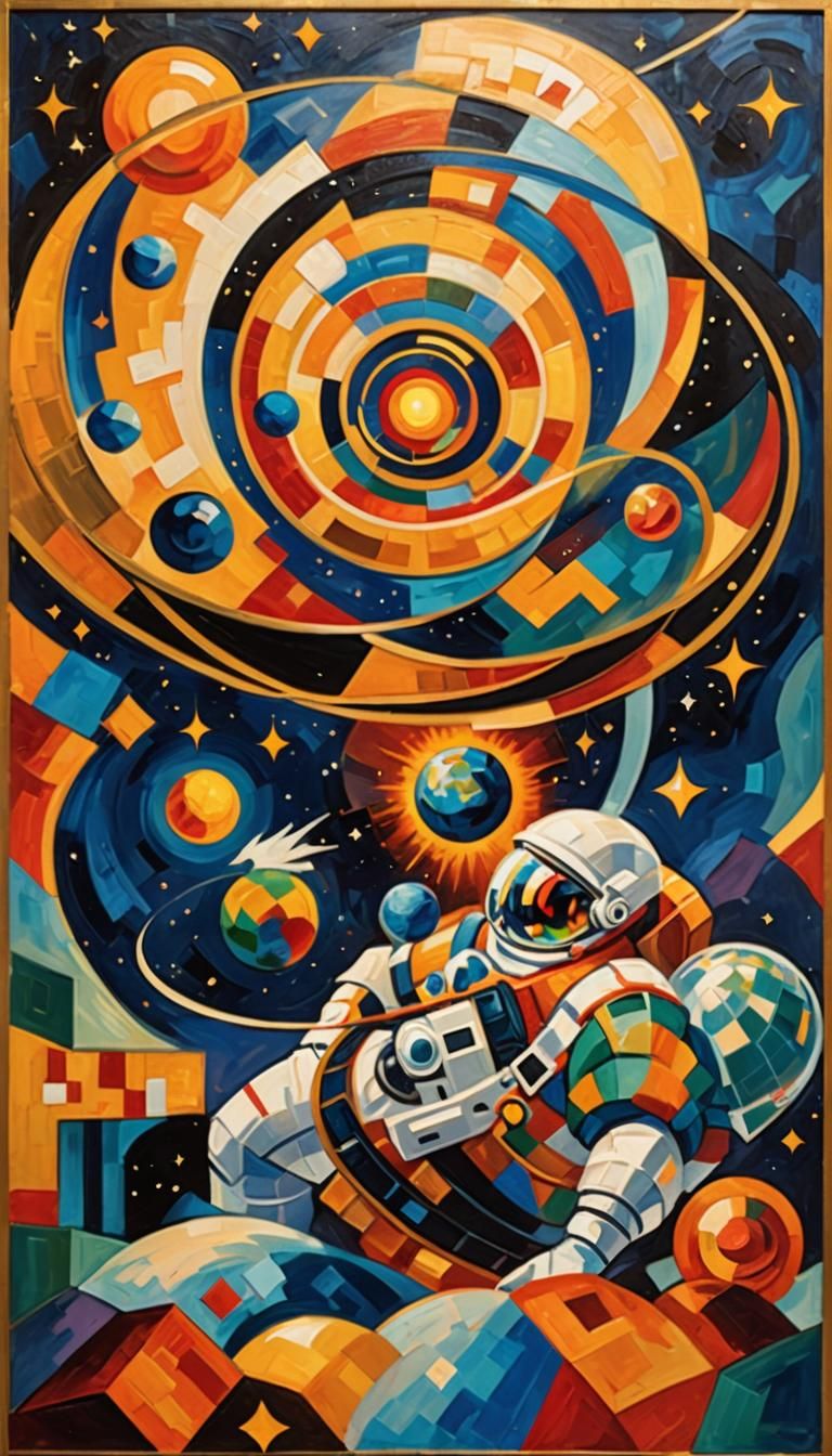 Astronaut in Space: A Cubist Art Deco Painting