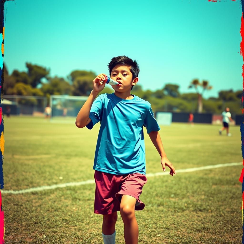 Playful Child Football Scene in Hybrid Art Style