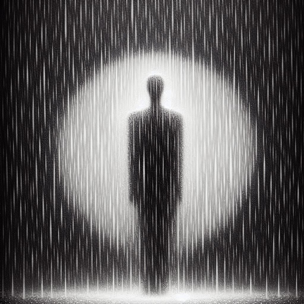 Monochromatic Silhouette: Surreal Figure in Rain